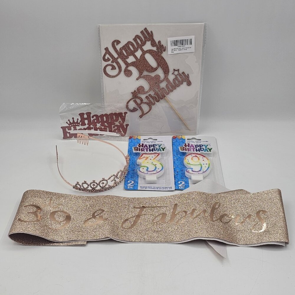 39th Birthday Decorations for Women Rose Gold Sash Tiara and Cake Topper & More